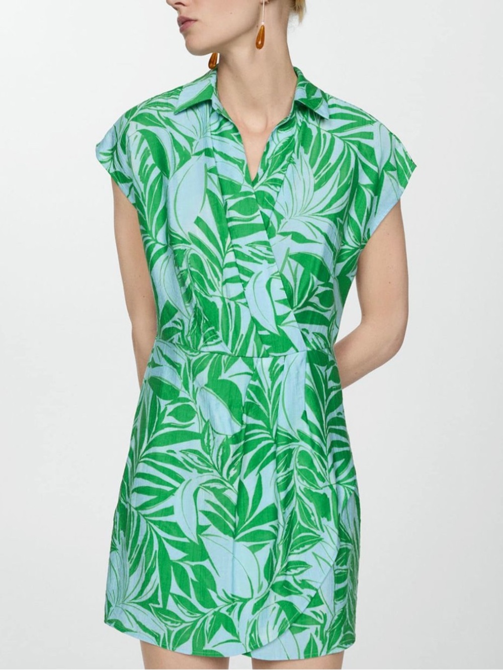 Mango Green & Light Blue Tropical Leaf Dress SzS - Picture 2 of 7